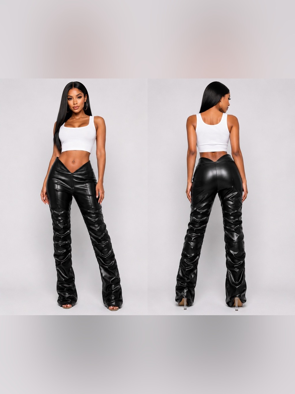 Black Faux Leather Ruched High-Waist Pants